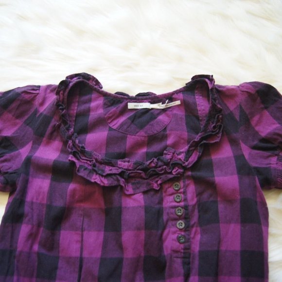 Kimchi Blue Plaid Ruffled Elastic Blouse Shirt Top XS Cap Sleeve Women's - Picture 5 of 7